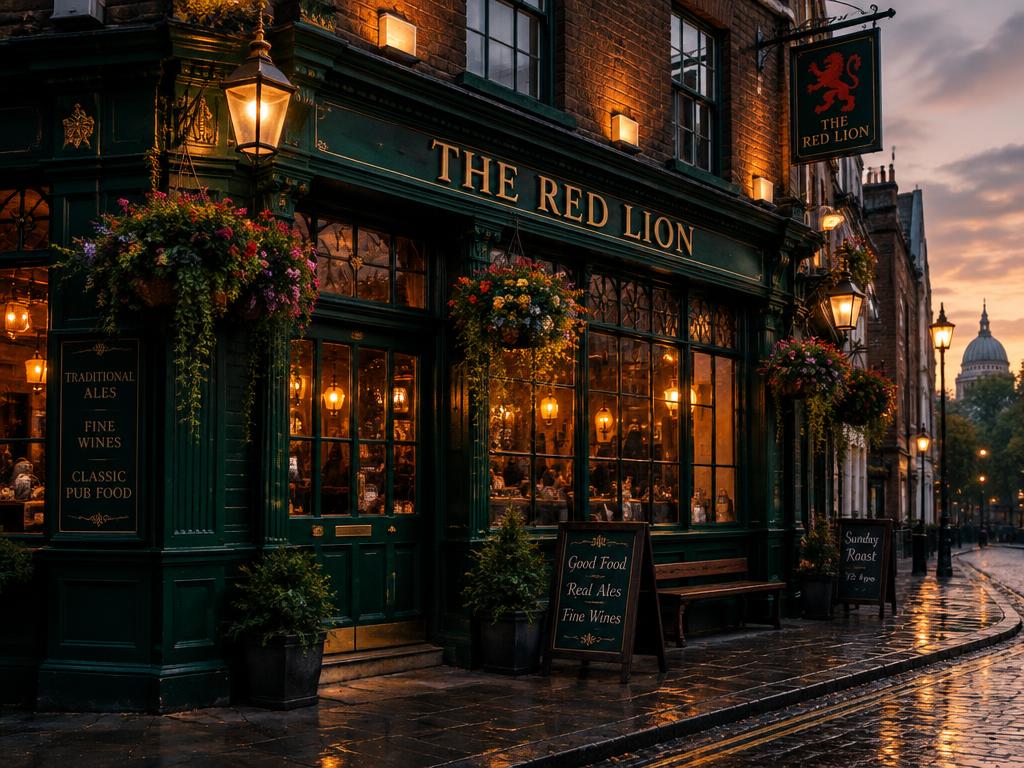 A classic London pub at dusk